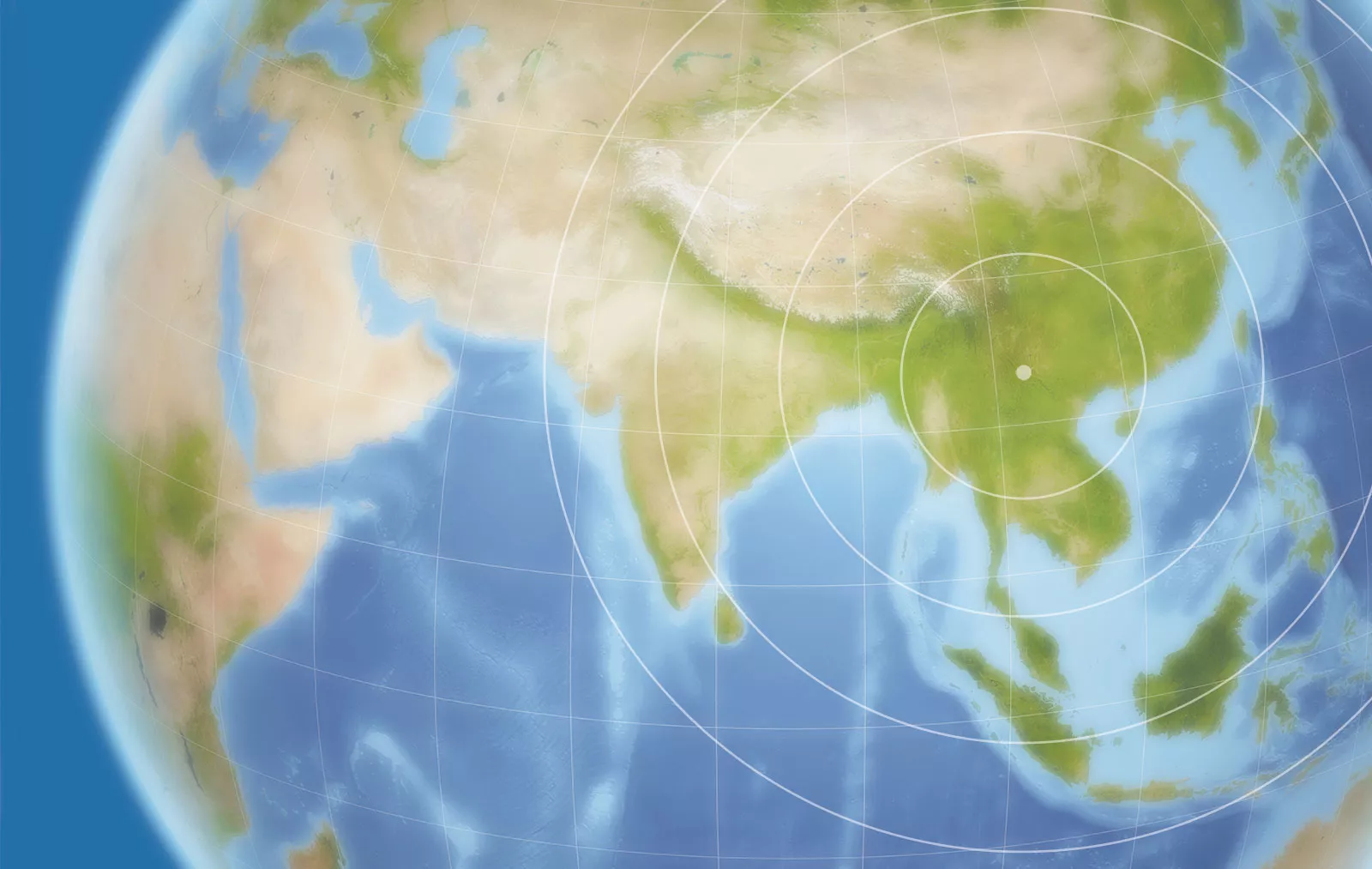 Globe centred on Asia with concentric flight-radius rings over Muang Sing