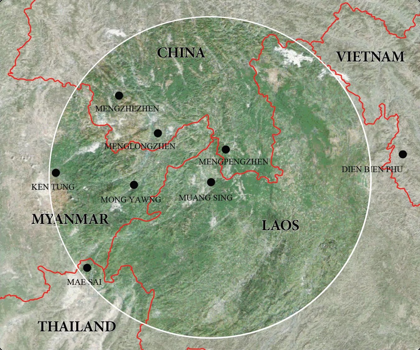 Satellite map of the Muang Sing region with a 400 kilometre radius