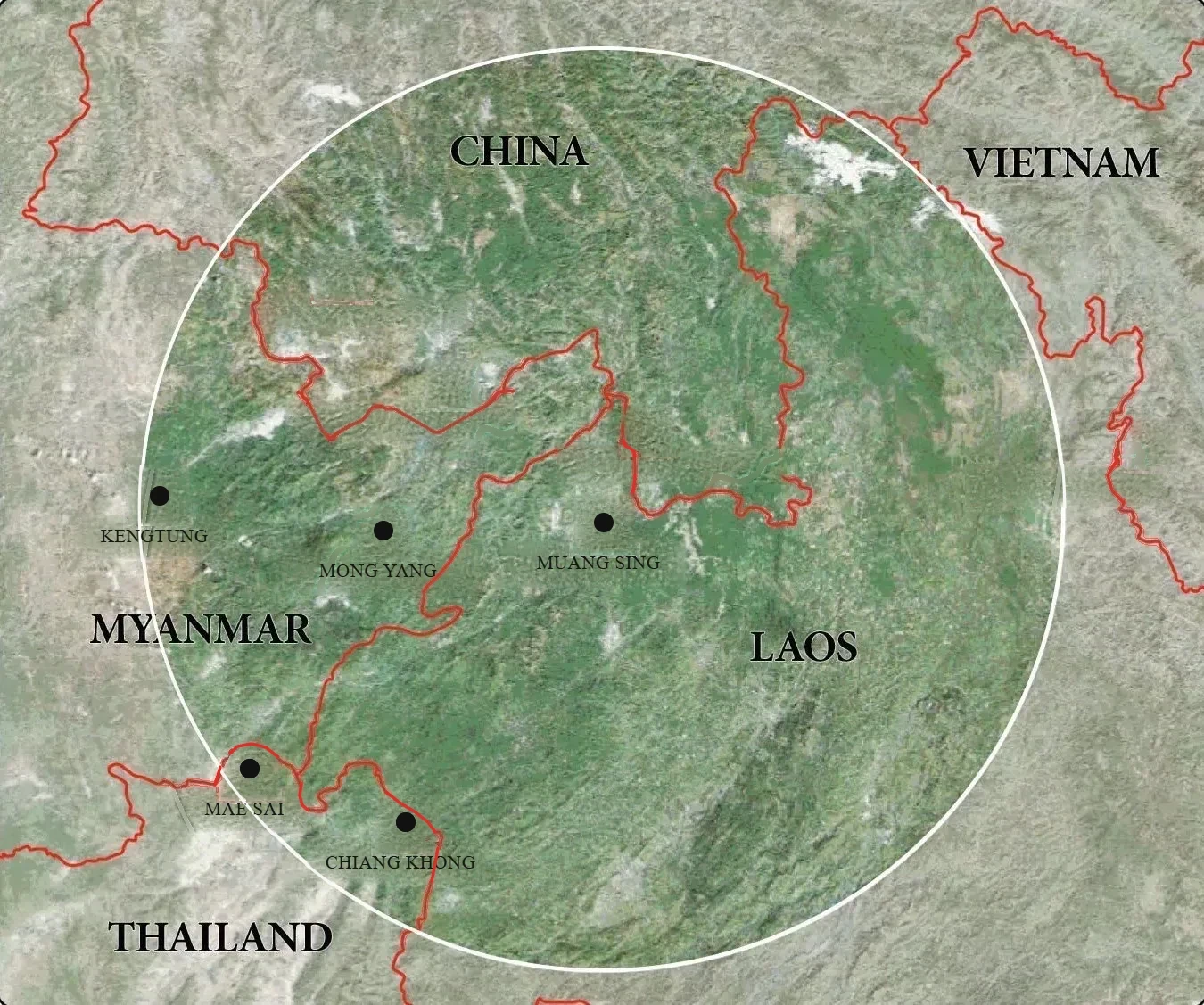 Satellite map of the Muang Sing region with a 400 kilometre radius