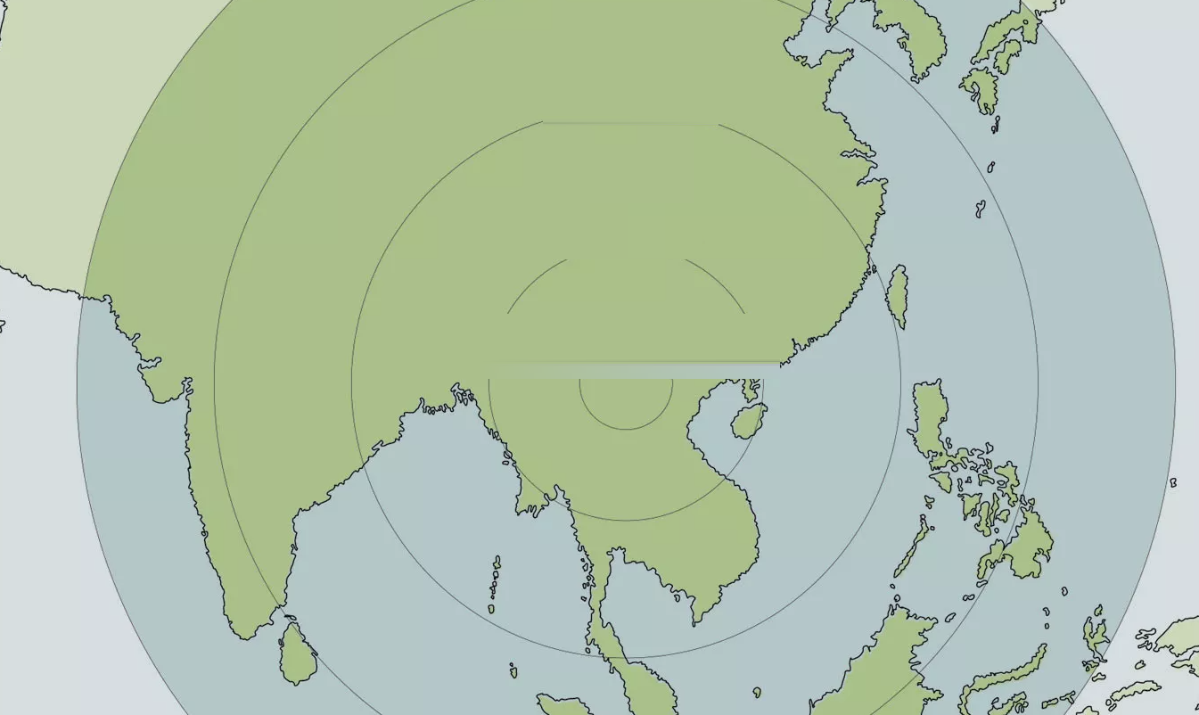 One to four hour flight-time rings centred on Muang Sing