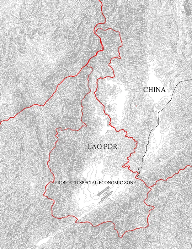 Contour map showing the China / Lao PDR border and the proposed special economic zone