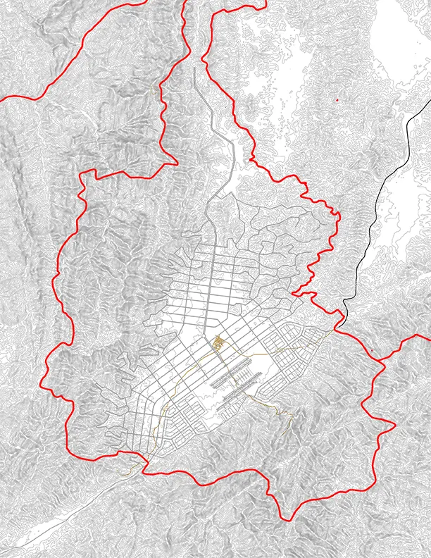 Detailed masterplan of the Muang Sing valley showing runways and street grid