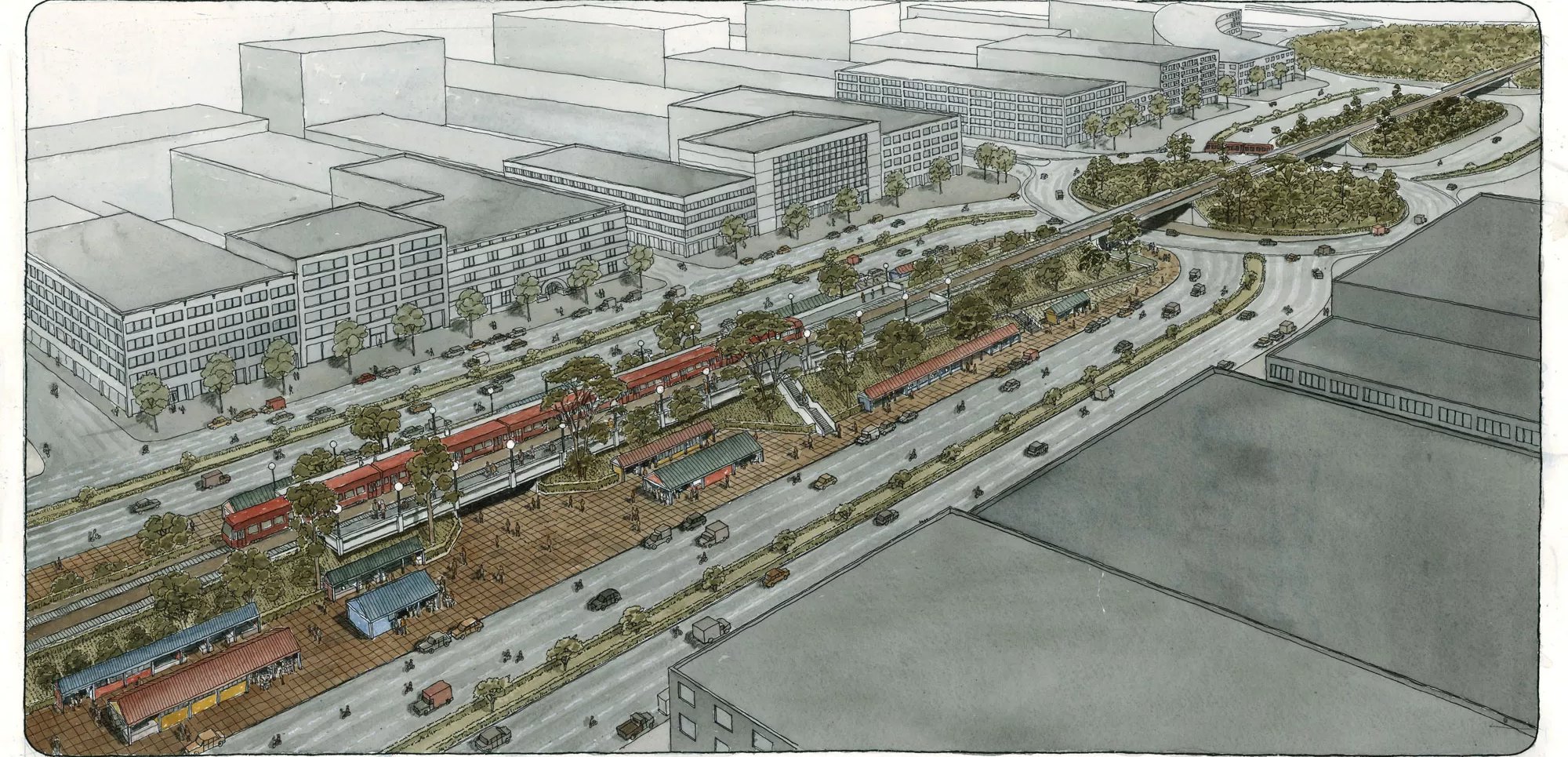 Ground-level watercolour rendering of the future cargo city